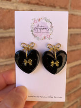 Load image into Gallery viewer, Elegant Black &amp; Gold Heart Stud Dangles
